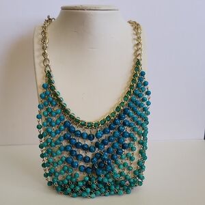 Talbots Elegant Goldtone and Blue Beaded Bib Necklace